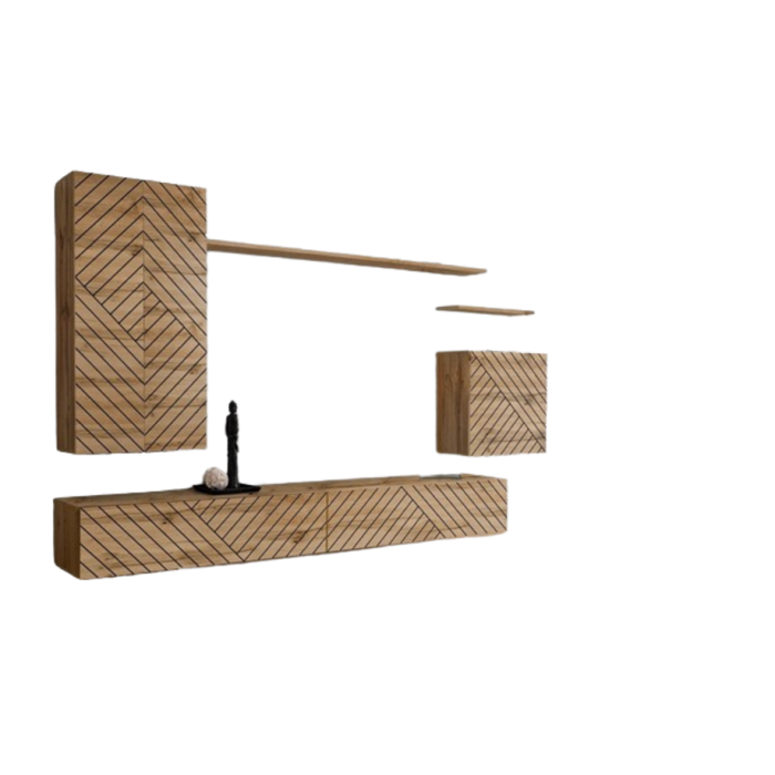 Ensemble meuble salon SWITCH II design, coloris chêne wotan. Finitions façades effet chêne fraisé.