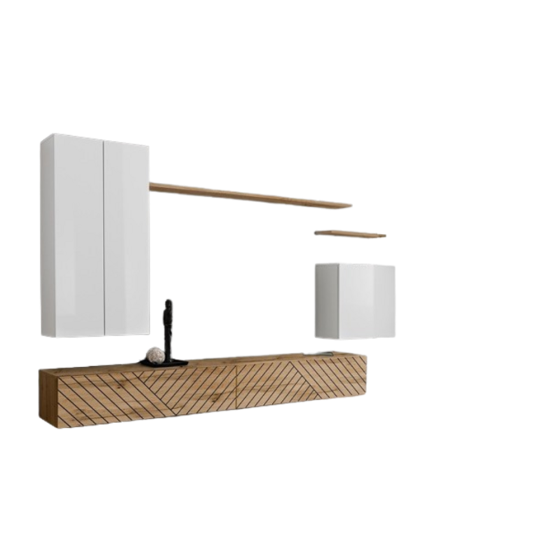 Ensemble meuble salon SWITCH II design, coloris blanc et chêne wotan. Finitions effet blanc brillant et chêne fraisé.