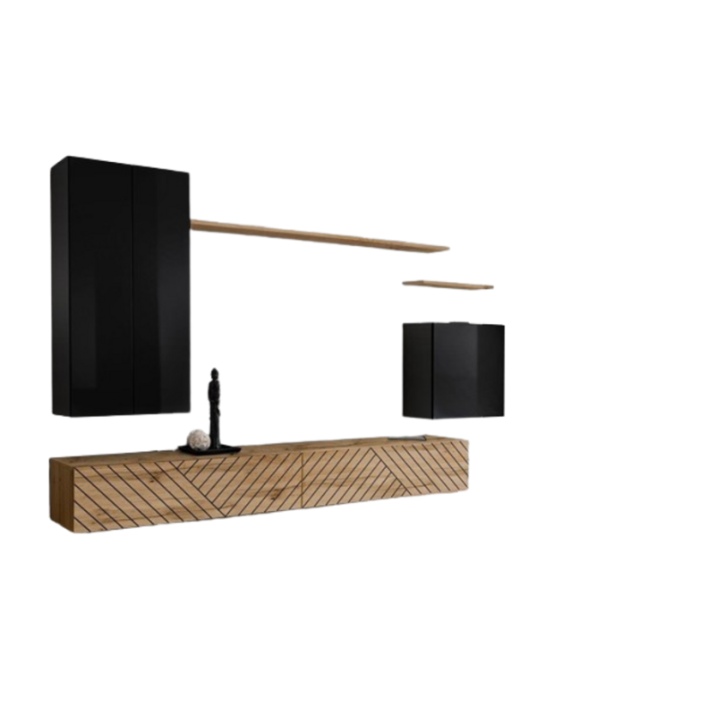 Ensemble meuble salon SWITCH II design, coloris noir et chêne wotan. Finitions effet noir brillant et chêne fraisé.