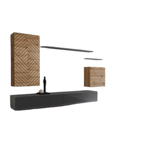 Ensemble meuble salon SWITCH II design, coloris chêne wotan et gris. Finitions effet chêne fraisé et gris brillant