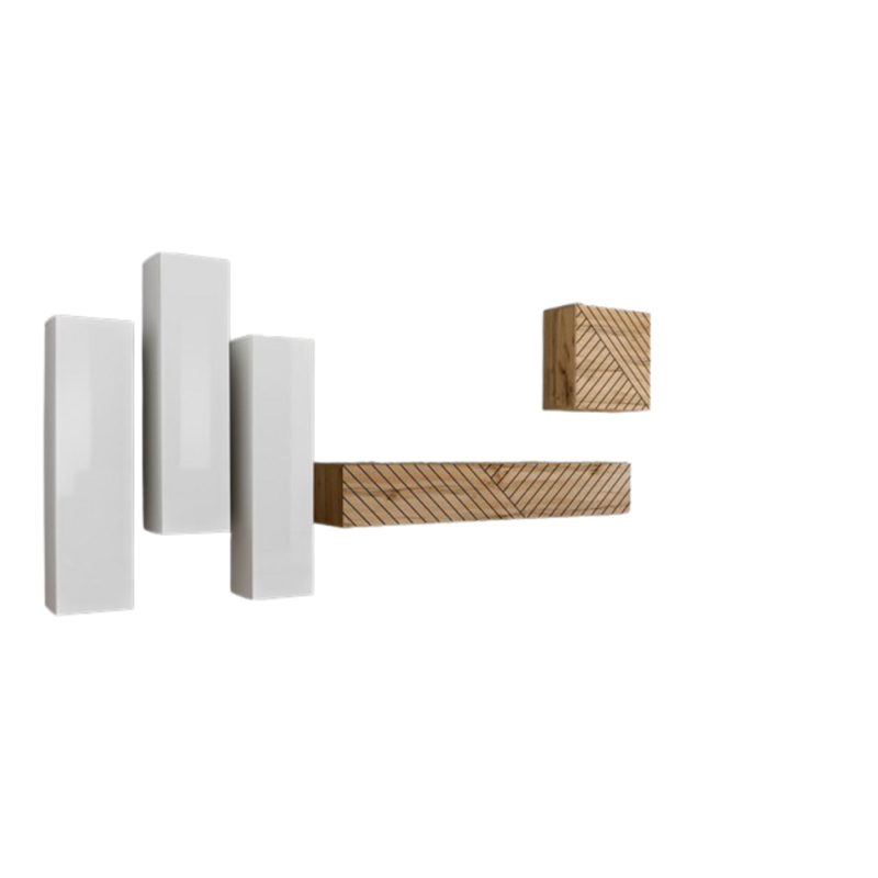 Ensemble meuble salon SWITCH III design, coloris chêne et blanc. Finitions effet chêne fraisé et brillant.