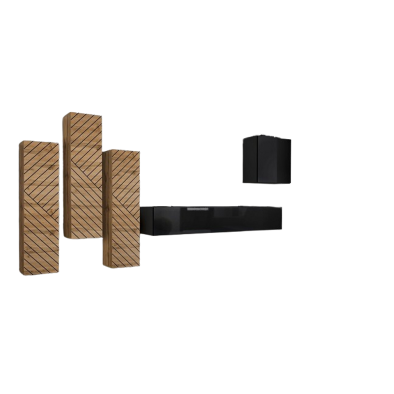 Ensemble meuble salon SWITCH III design, coloris chêne et noir. Finitions effet chêne fraisé et brillant.