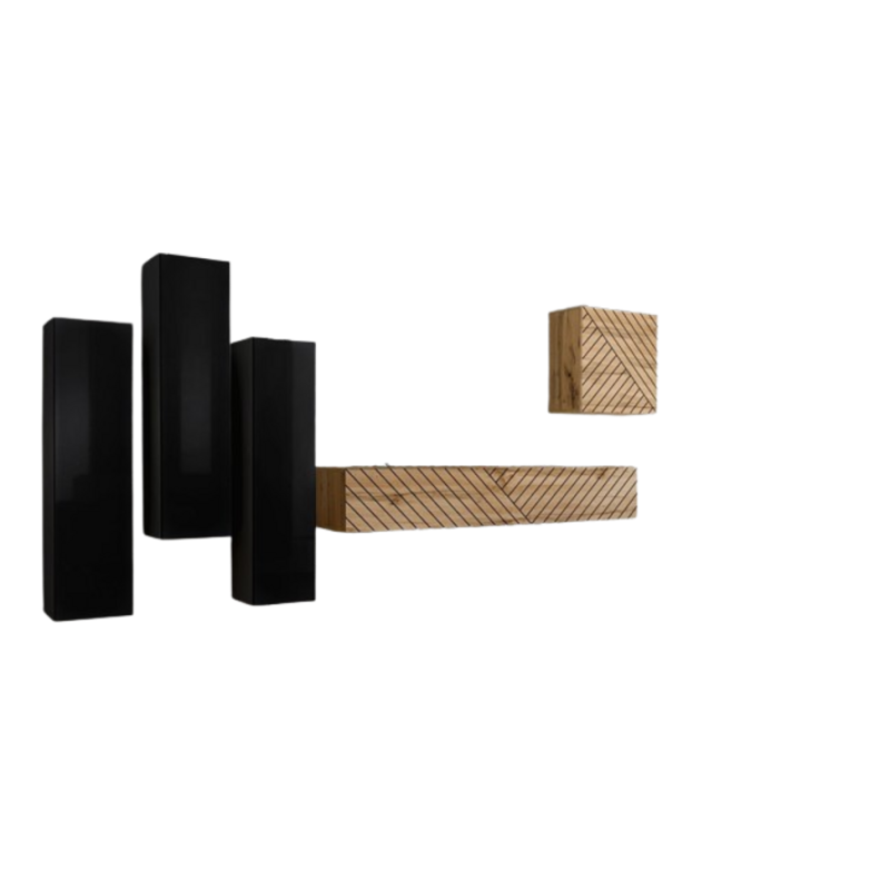 Ensemble meuble salon SWITCH III design, coloris noir et chêne. Finitions brillant et effet chêne fraisé.