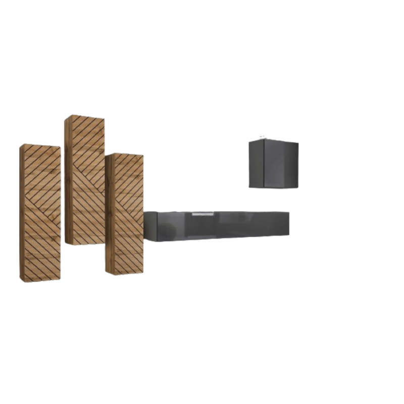 Ensemble meuble salon SWITCH III design, coloris chêne et gris. Finitions effet chêne fraisé et brillant.