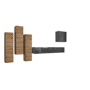 Ensemble meuble salon SWITCH III design, coloris chêne et gris. Finitions effet chêne fraisé et brillant.