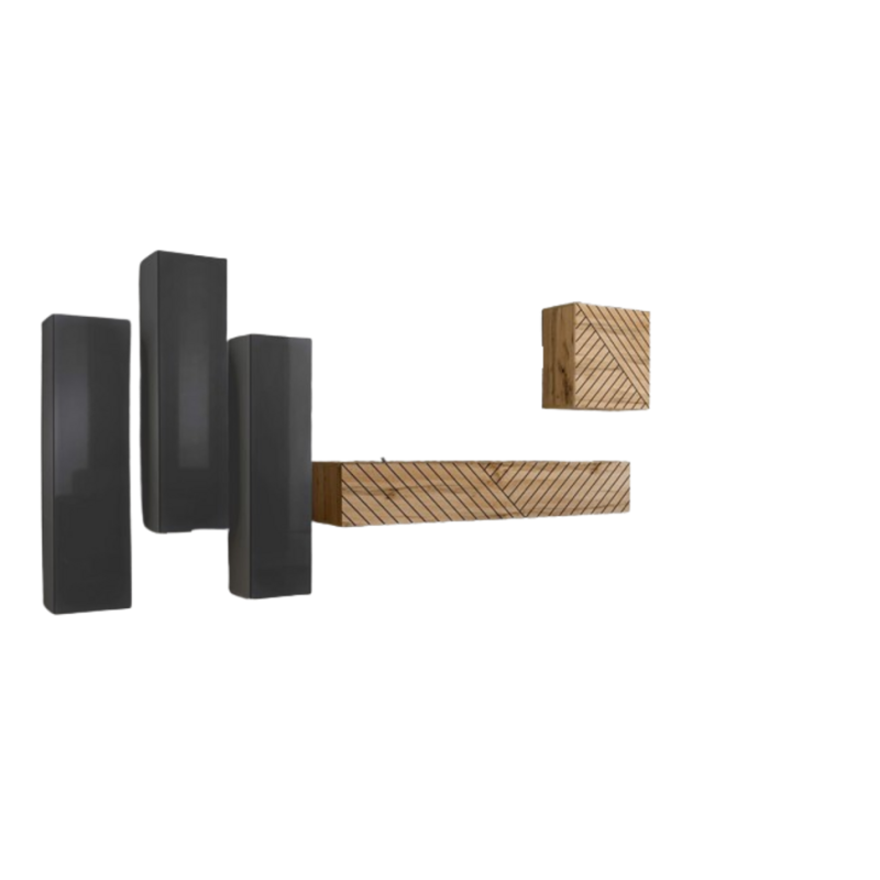 Ensemble meuble salon SWITCH III design, coloris gris et chêne. Finitions brillant et effet chêne fraisé.