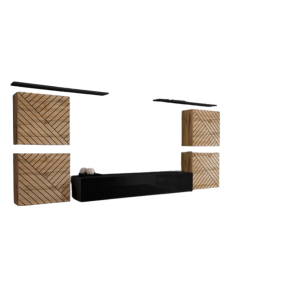 Ensemble meuble salon SWITCH IV. Coloris chêne wotan et noir. Finitions chêne fraisé et noir brillant .