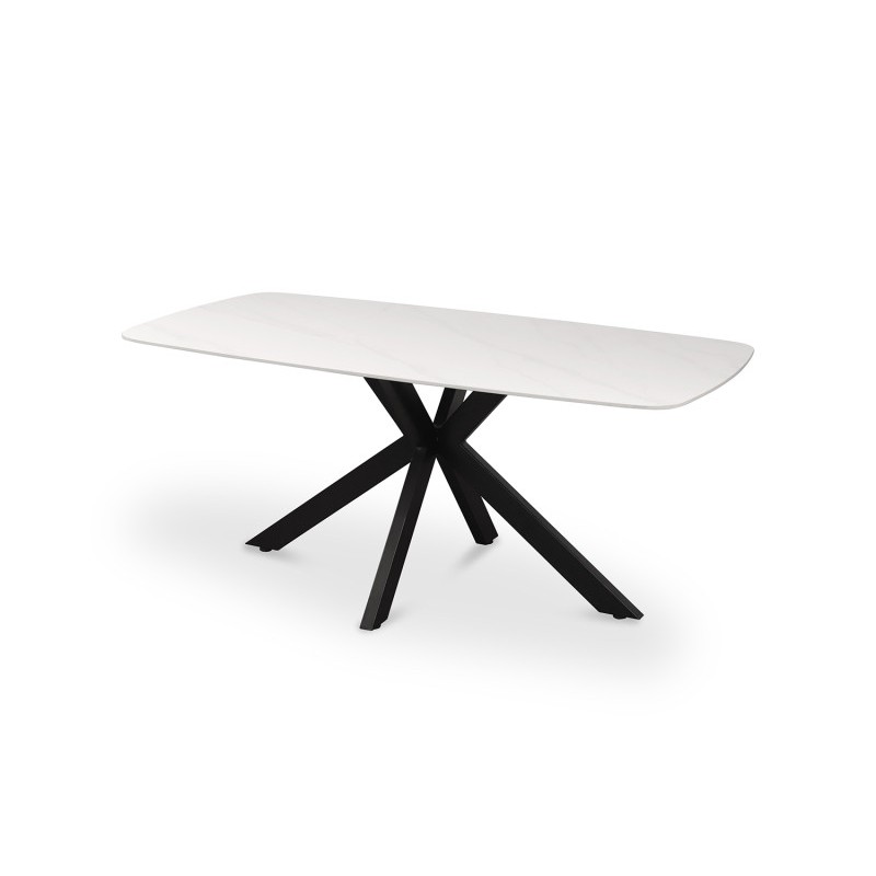 Table à manger VINCI longueur 180cm avec plateau de 12mm en pierre effet marbre blanc