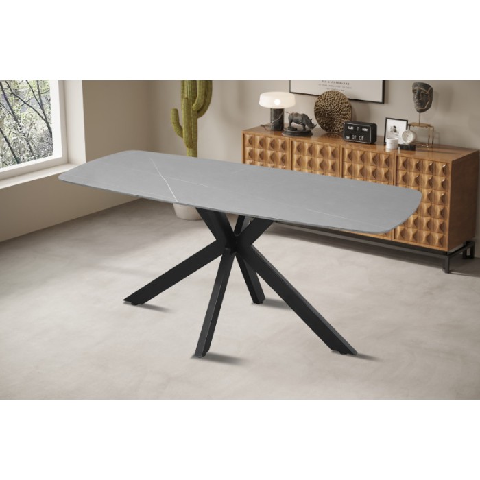 Table à manger VINCI longueur 180cm avec plateau de 10mm en pierre effet marbre gris