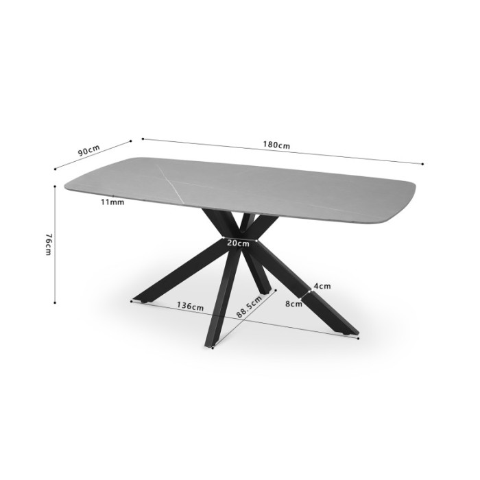 Table à manger VINCI longueur 180cm avec plateau de 10mm en pierre effet marbre gris