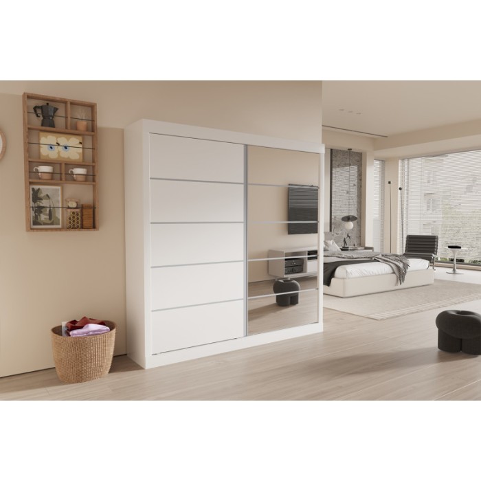 Garde Robe MILS, armoire 2 portes coulissantes avec miroir coloris blanc