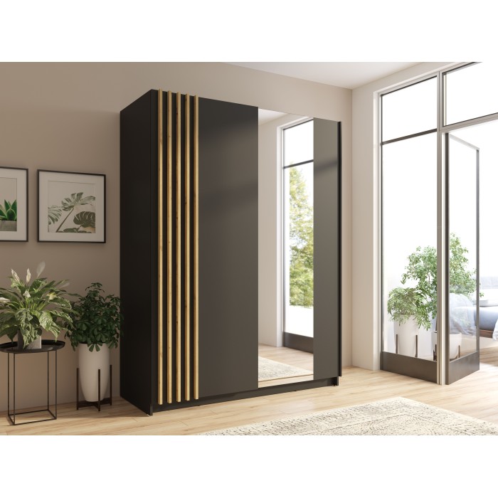 Armoire design 150cm coloris noir et chêne collection VARIA. Deux portes coulissantes. Dressing complet avec miroir.