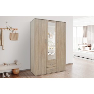 Armoire, garde-robe, avec miroir collection TOM, 3 portes 120 cm, penderie intégrée chêne sonoma