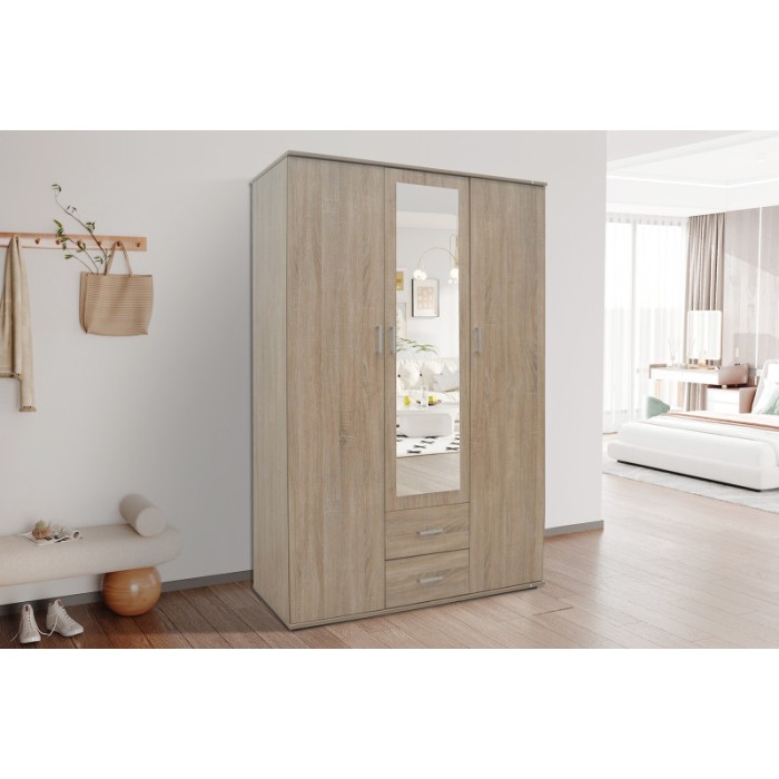 Armoire, garde-robe, avec miroir collection TOM, 3 portes 120 cm, penderie intégrée chêne sonoma