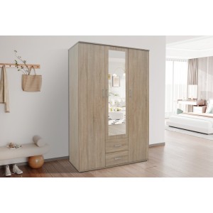 Armoire, garde-robe, avec miroir collection TOM, 3 portes 120 cm, penderie intégrée chêne sonoma