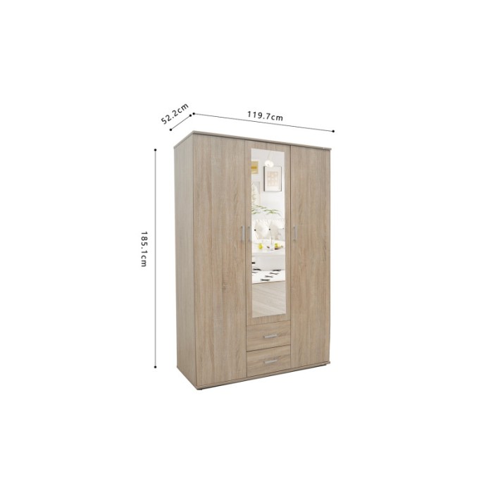 Armoire, garde-robe, avec miroir collection TOM, 3 portes 120 cm, penderie intégrée chêne sonoma