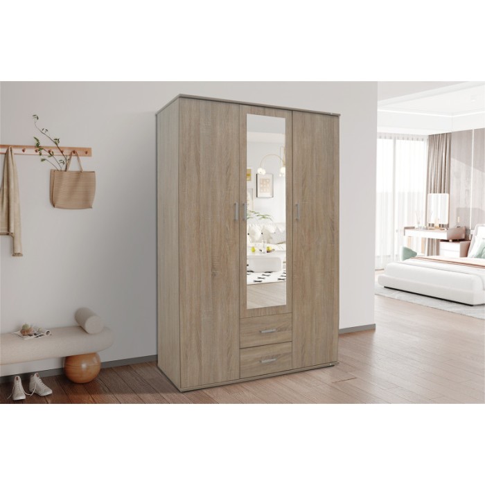Armoire, garde-robe, avec miroir collection TOM, 3 portes 120 cm, penderie intégrée chêne sonoma