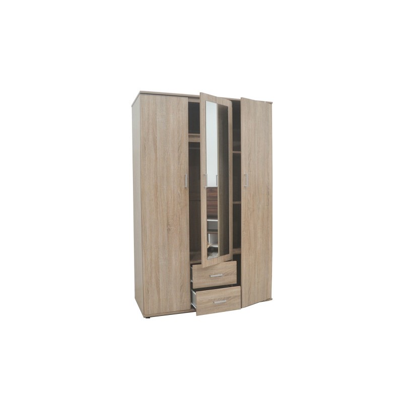 Armoire, garde-robe, avec miroir collection TOM, 3 portes 120 cm, penderie intégrée chêne sonoma