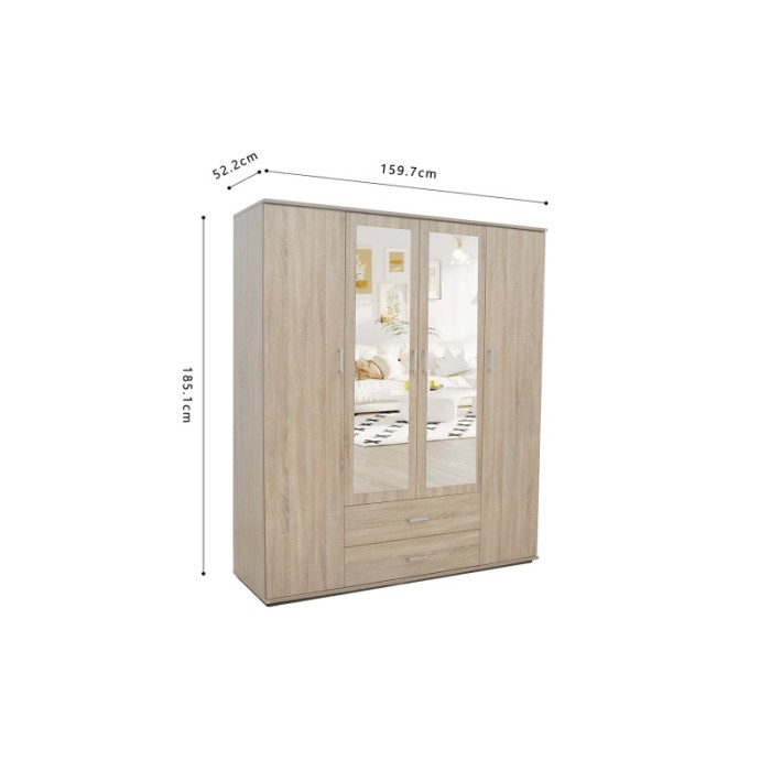 Armoire, garde-robe, avec miroir collection TOM, 4 portes 160 cm, penderie intégrée chêne sonoma