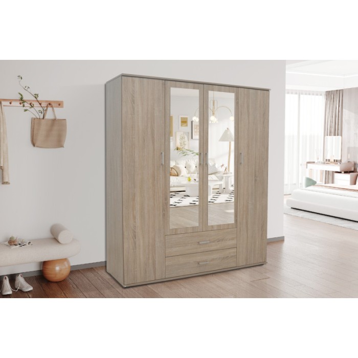 Armoire, garde-robe, avec miroir collection TOM, 4 portes 160 cm, penderie intégrée chêne sonoma
