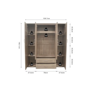 Armoire, garde-robe, avec miroir collection TOM, 4 portes 160 cm, penderie intégrée chêne sonoma