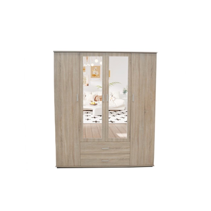 Armoire, garde-robe, avec miroir collection TOM, 4 portes 160 cm, penderie intégrée chêne sonoma