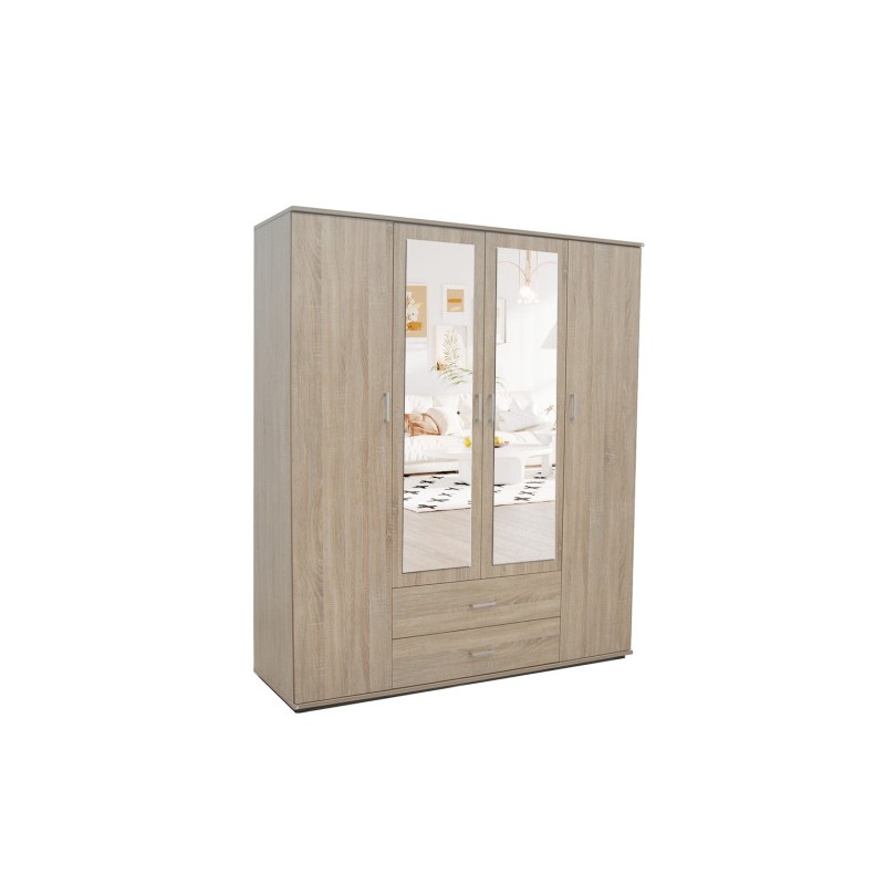 Armoire, garde-robe, avec miroir collection TOM, 4 portes 160 cm, penderie intégrée chêne sonoma