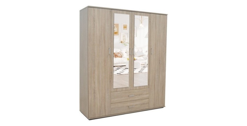 Armoire, garde-robe, avec miroir collection TOM, 4 portes 160 cm, penderie intégrée chêne sonoma