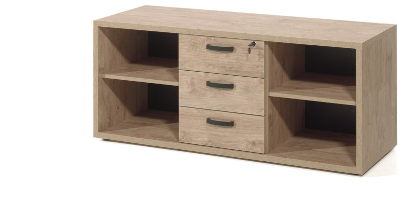 Buffet bas de rangement pour bureau 4 niches et 3 tiroirs coloris chêne doré collection DEPÉ