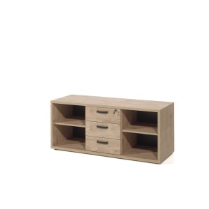 Buffet bas de rangement pour bureau 4 niches et 3 tiroirs coloris chêne doré collection DEPÉ