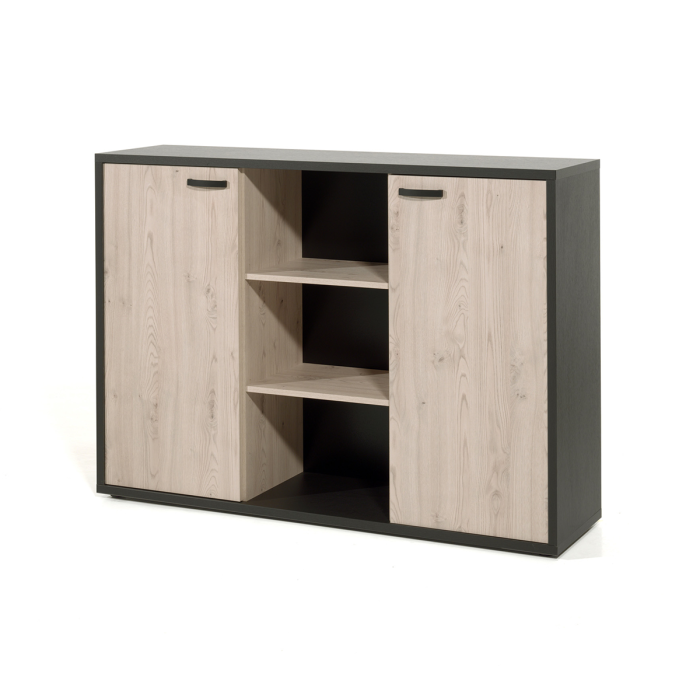 Buffet bas de rangement pour bureau 2 portes et étagères coloris chêne et noir collection DEPÉ