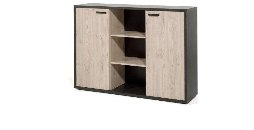 Buffet bas de rangement pour bureau 2 portes et étagères coloris chêne et noir collection DEPÉ