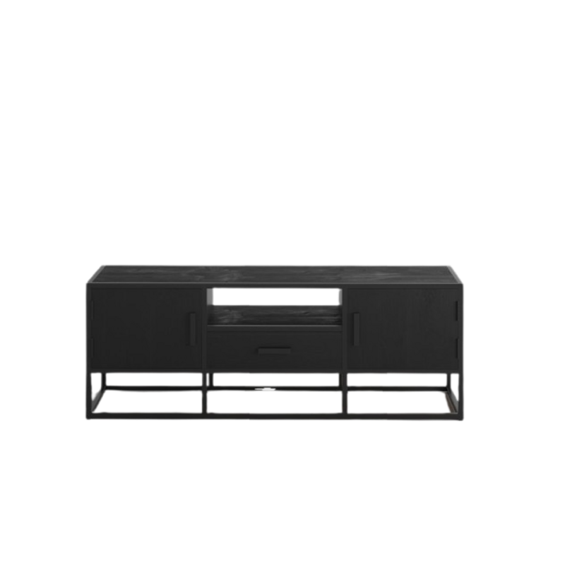 Meuble TV collection MADEIRO Structure métal et bois exotique de Mangolia noir. Idéal pour un salon de style industriel. L140cm