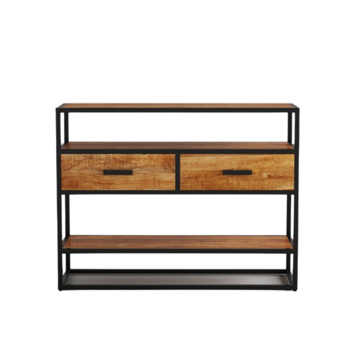 Console de salon avec tiroir et étagère de style industriel en bois massif exotique de Mangolia. Collection MADEIRO