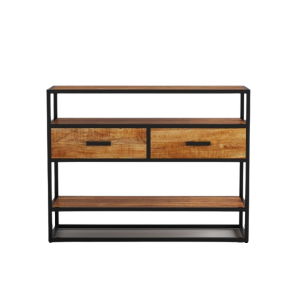 Console de salon avec tiroir et étagère de style industriel en bois massif exotique de Mangolia. Collection MADEIRO