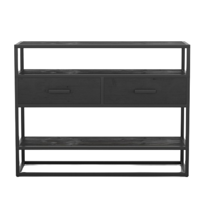 Console de salon avec tiroir et étagère de style industriel en bois massif exotique de Mangolia noir. Collection MADEIRO