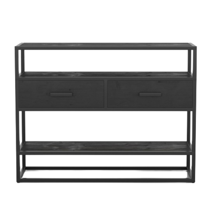 Console de salon avec tiroir et étagère de style industriel en bois massif exotique de Mangolia noir. Collection MADEIRO