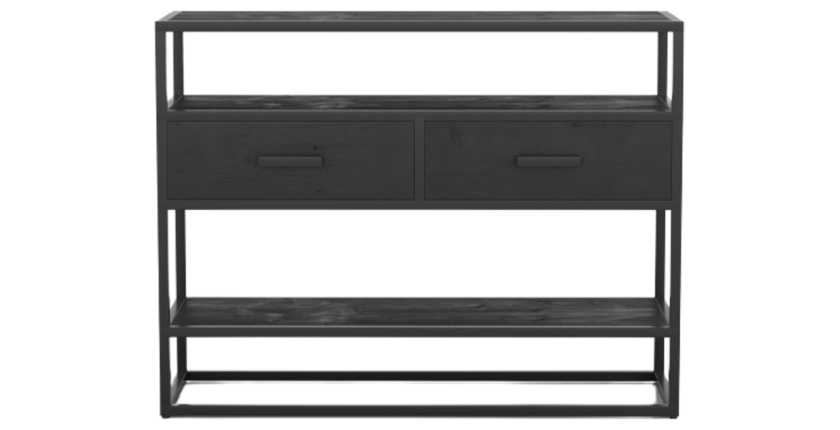 Console de salon avec tiroir et étagère de style industriel en bois massif exotique de Mangolia noir. Collection MADEIRO