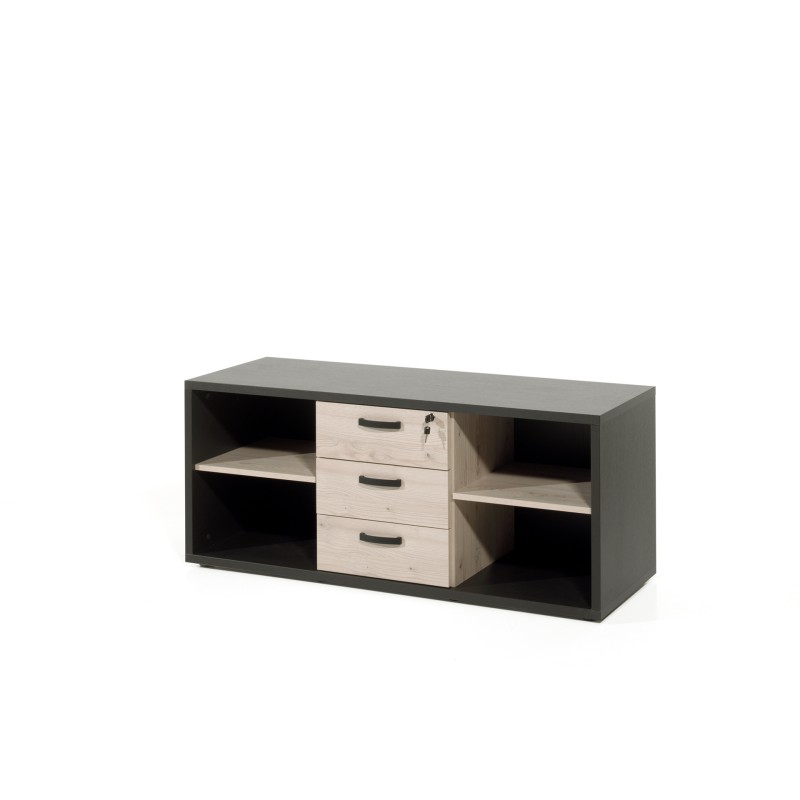 Buffet bas de rangement pour bureau 4 niches et 3 tiroirs coloris chêne clair et noir