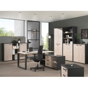Buffet bas de rangement pour bureau 4 niches et 3 tiroirs coloris chêne clair et noir