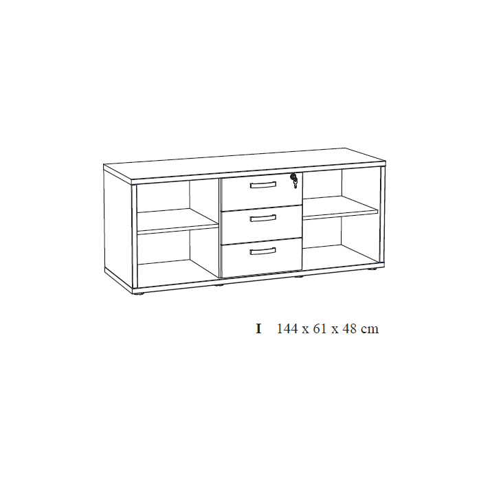 Buffet bas de rangement pour bureau 4 niches et 3 tiroirs coloris chêne clair et noir