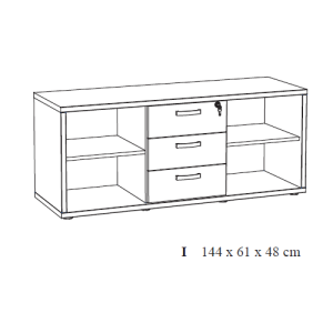 Buffet bas de rangement pour bureau 4 niches et 3 tiroirs coloris chêne clair et noir