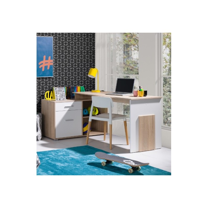 Bureau d'angle coloris chêne sonoma et blanc collection COMO avec 1 tiroir et 4 niches
