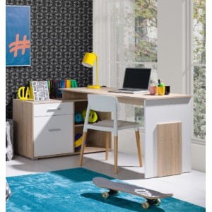 Bureau d'angle coloris chêne sonoma et blanc collection COMO avec 1 tiroir et 4 niches