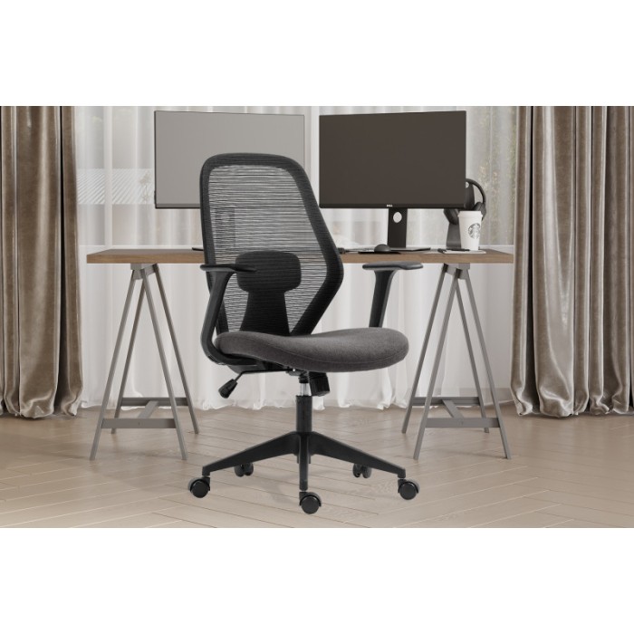 Chaise de bureau JANE Tissu filet noir et gris, idéal pour un bureau confortable et moderne