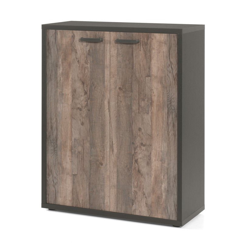 Rangement Bureau - Meuble 2 Portes coloris Noir et Chêne vieilli | Collection SOON | Meublorama