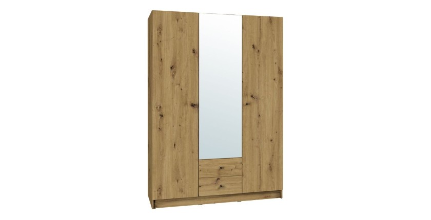 Armoire 3 portes 2 tiroirs pour dressing collection KANELLE coloris chêne clair