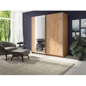 Armoire, garde robe GOZU 150 cm deux portes et 1 miroir. Dressing complet avec penderie et étagères. Coloris chêne artisan