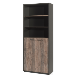 Bibliothèque de bureau SOON – 2 portes et 4 étagères – Chêne vieilli & noir – L90 x H216 x P40 cm