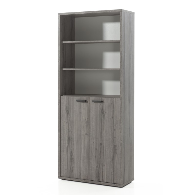 Bibliothèque de bureau SOON – Meuble 2 portes et étagères – Gris effet bois – L90 x H216 x P40 cm